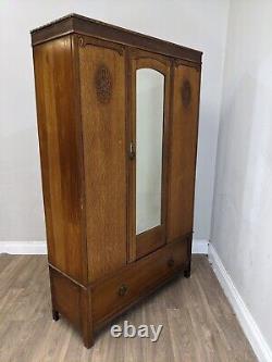 WARDROBE Tall Single Mirrored Door Carved Oak Hanging Rails Large Bottom Drawer