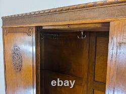 WARDROBE Tall Single Mirrored Door Carved Oak Hanging Rails Large Bottom Drawer