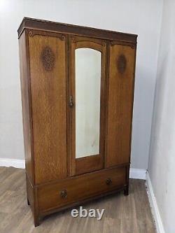 WARDROBE Tall Single Mirrored Door Carved Oak Hanging Rails Large Bottom Drawer