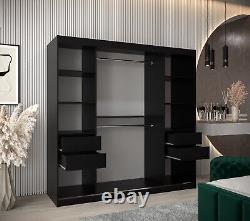 Wardrobe 200 cm''BOLIVIA'' Sliding Doors Rail Shelves Mirror Black White Oak