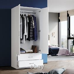 White 2 Door Wardrobe with 2 Drawers Hanging Rail Large Storage Bedroom Cupboard