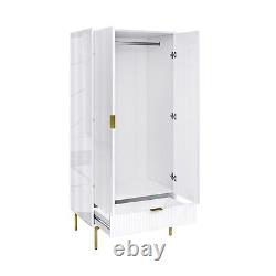 White Gloss Ribbed Double Wardrobe with Drawer Valencia VLC013