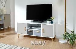 White Multi Coloured Large TV Stand 2 Door 2 Drawer Cupboards Wood Spindle Legs
