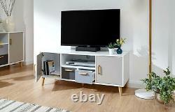 White Multi Coloured Large TV Stand 2 Door 2 Drawer Cupboards Wood Spindle Legs