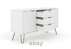 White Retro Large 2 Door 3 Drawer Sideboard Cupboard Cabinet Metal Hairpin Legs