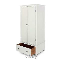 White Solid Wood 2 Door 1 Drawer Wardrobe Large Hanging Space Bedroom Storage