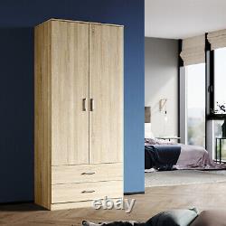 Wood 2 Door Wardrobe with 2 Drawers Hanging Rail Large Storage Bedroom Cupboard