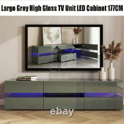 177cm Grand Tv Unit Tv Stand Led Cabinet High Gloss Avant 2 Portes & 1 Tiroir Gris