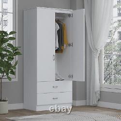 2 Armoire à portes avec 2 tiroirs, penderie, mobilier de chambre de rangement blanc mat