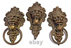 3 grands tirants de lion en laiton massif moulé ancien de l'époque victorienne de l'esthétique.