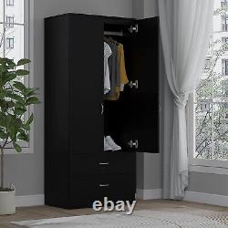 Armoire à 2 portes avec 2 tiroirs, penderie, mobilier de chambre, rangement, noir mat