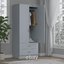 Armoire à deux portes avec deux tiroirs, penderie, meuble de chambre, rangement en gris mat