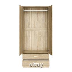 Armoire à deux portes en chêne mat, grand placard de rangement avec penderie et tiroirs.