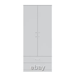 Armoire blanche à 2 portes avec 2 tiroirs, barre de suspension, grand rangement, placard de chambre.