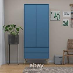 Armoire bleu marine à deux portes avec deux tiroirs, tringle suspendue, mobilier de chambre avec rangement