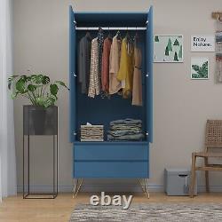 Armoire bleu marine à deux portes avec deux tiroirs, tringle suspendue, mobilier de chambre avec rangement