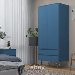 Armoire bleu marine à deux portes avec deux tiroirs, tringle suspendue, mobilier de chambre avec rangement