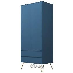 Armoire bleu marine à deux portes avec deux tiroirs, tringle suspendue, mobilier de chambre avec rangement