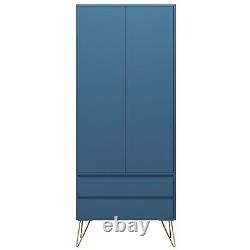 Armoire bleu marine à deux portes avec deux tiroirs, tringle suspendue, mobilier de chambre avec rangement