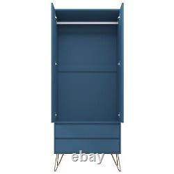 Armoire bleu marine à deux portes avec deux tiroirs, tringle suspendue, mobilier de chambre avec rangement