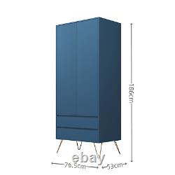 Armoire bleu marine à deux portes avec deux tiroirs, tringle suspendue, mobilier de chambre avec rangement