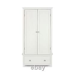 Armoire en bois massif blanc à 2 portes et 1 tiroir, grand espace suspendu, rangement pour chambre à coucher