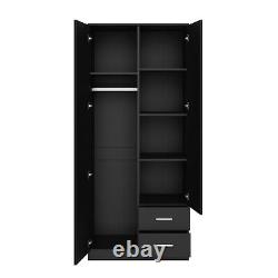 Armoire grande en bois à deux portes, couleur noir mat, avec penderie et tiroirs