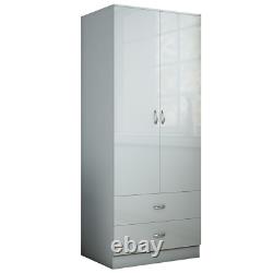 Armoire grise brillante à 2 portes et 2 tiroirs, combinaison d'armoire de chambre à coucher avec cadre gris mat.