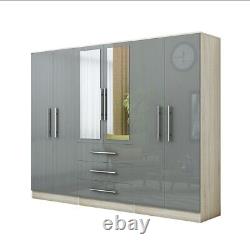 Armoire spacieuse moderne à 6 portes avec miroirs, finition laquée GRIS CLAIR, 3 tiroirs