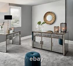 Bahut à miroirs avec 3 tiroirs, 3 portes, poignées dorées, grand meuble de rangement cabinet