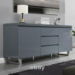 Buffet Sydney grand laqué brillant avec 2 portes 3 tiroirs en gris