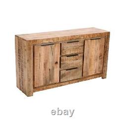 Buffet en bois de manguier massif Detrol avec grandes dimensions, 2 portes et 3 tiroirs pour salle à manger.