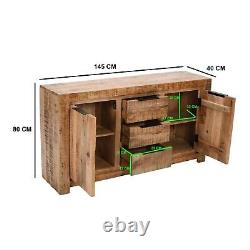 Buffet en bois de manguier massif Detrol avec grandes dimensions, 2 portes et 3 tiroirs pour salle à manger.