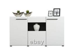 Buffet haut et large Trinity en blanc brillant et noir avec tiroirs et placards