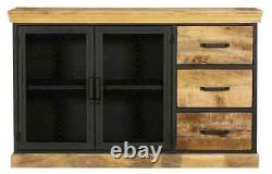 Buffet industriel en bois de manguier avec structure en métal noir, 3 tiroirs et 2 portes de 140 cm.