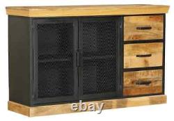 Buffet industriel en bois de manguier avec structure en métal noir, 3 tiroirs et 2 portes de 140 cm.