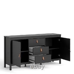 Buffet latéral en noir mat 2 portes 3 tiroirs Grand rangement Tab en cuir marron Lille