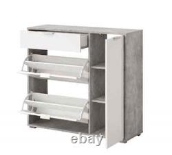 Cabinet à chaussures gris et blanc en béton avec tiroir et portes pivotantes