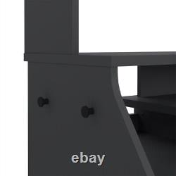 Grand bureau d'ordinateur de jeu rectangulaire noir avec porte, tiroir et étagères.
