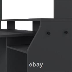 Grand bureau d'ordinateur de jeu rectangulaire noir avec porte, tiroir et étagères.