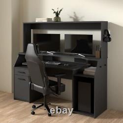 Grand bureau de jeu d'ordinateur rectangulaire noir avec porte, tiroir et étagères