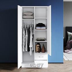 Grande armoire à deux portes en bois blanc mat avec grand espace de rangement, penderie et tiroirs.