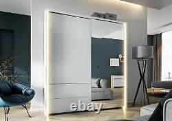 Grande armoire coulissante avec miroir, 2 portes, tiroirs et lumières TAYA2 BLANCHE