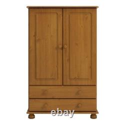 Grande armoire en bois à deux portes Richmond avec double penderie, deux tiroirs et barre de suspension pour vêtements en pin.