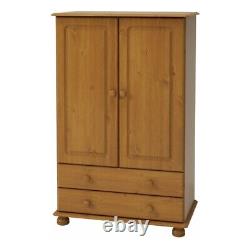 Grande armoire en bois à deux portes Richmond avec double penderie, deux tiroirs et barre de suspension pour vêtements en pin.
