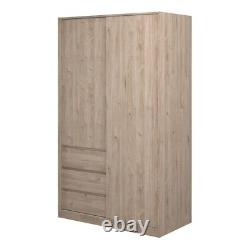 Grande armoire en chêne moderne avec portes coulissantes, 3 tiroirs et barre de suspension pour vêtements.