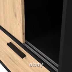 Grande armoire en chêne noir à double porte coulissante, grande hauteur, avec 2 tiroirs, penderie et placard