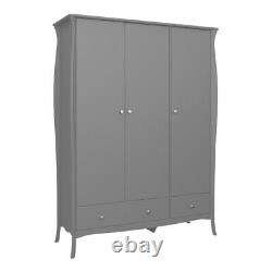 Grande armoire triple à 3 portes avec 2 tiroirs, étagères, barre de vêtements en noir, gris et blanc.