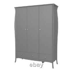 Grande armoire triple à 3 portes avec 2 tiroirs, étagères, barre de vêtements en noir, gris et blanc.