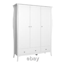 Grande armoire triple à 3 portes avec 2 tiroirs, étagères, rail à vêtements noir, gris et blanc.